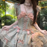 DAIIIBABYYY  -  Lolita Style Sweet Contrast Color Dress Women Flying Sleeve Cute Fairy Dresses Kawaii Japanese Lace Patchwork Bow Vestidos