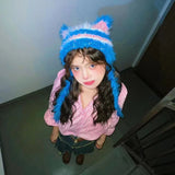 Daiiibabyyy  Cat Ear Contrast Stripe Handmade Crochet Plush Hat Children's cute ear protection warm imitation mink wool cap in winter