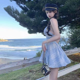 DAIIIBABYYY  -  Sexy Backless Cross Strap Dress Women's Summer Square Collar Plaid Slim A-line Short Dress Fashion Female Clothes