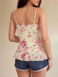 Daiiibabyyy  Vacation Y2k Flower Print V Neck Spaghetti Strap Sleeveless Slim All Match Basic Tanks