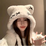 Daiiibabyyy  Cute Thickened Bear Ears Knitted Hat Warm Soft Bear Hat Windproof Coldproof Lei Feng Hat Winter Season Women Wear