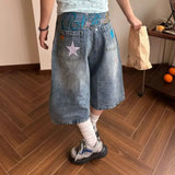 Daiiibabyyy  Fashionable Vintage Letter Star Embroidery Jeans Summer American Loose Women's Clothing Wide Leg Streetwear Denim Capri Pants