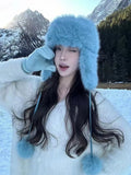 Daiiibabyyy  Plush Pom Pom Laced Up Bomber Hats Women Winter Warm Imitation Mink Ear Pilot Hat Cute Tail Hanging Ball Tether Snow Ski Beanies