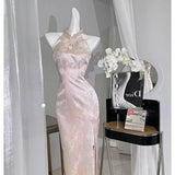 DAIIIBABYYY  -  Retro Cheongsam Slit Sexy Chinese Style Pink Qipao Dress Female Elegant Daily Dresses Costume