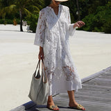 DAIIIBABYYY  -  Summer Casual 3/4 Sleeve Solid Maxi Dress Spring Elegant V-neck Loose Long Dress 2025 Women's Sexy Lace Embroidered Party Dress