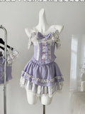 DAIIIBABYYY  -  Summer Women Sweet Gyaru Ballet Core Rave Birthday 2000s Aesthetic Outfits 2 Piece Set Lace Crop Top + Mini Elastic Waist Skirt
