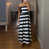 Daiiibabyyy  Striped Print Fashion Summer Long Dress Sexy Strapless Waist Pleated Holiday Dress Women Elegant Sleeveless Pocket Party Dresses