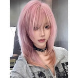 DAIIIBABYYY  -  Fashionable Short Straight Pink Fringe Wig Women's Layered Hair Full Head Covering Elegant Chignon Hair Extension
