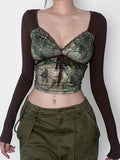 Daiiibabyyy Brown Y2k Top Women American Retro Print T-shirt Female Spring Long Sleeve Lace Patchwork Tees Ladies Bodycon Lace Up Camisetas