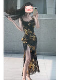 Daiiibabyyy  Summer Floral Print Wrap Dress Women's High Waist Bandage Skirt Elegant French Style Tea Break Vest Top Gown for Ladies