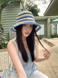 DAIIIBABYYY  -  Korean Fashion Contrasting Stripes Hollow Bucket Hats for Men and Women Summer Travel Sunscreen Versatile Leisure Basin Cap