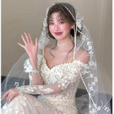 Daiiibabyyy  Wedding Bridal Veil Lace Pearl Trim Elegant Bride Headpiece for Wedding Ceremony Bridal Photoshoot,Lightweight Tulle Bridal Veil