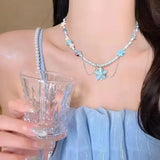 DAIIIBABYYY  -  Summer Ceramic Blue Starfish Shell Pendant Beaded Necklace For Women Y2K Aesthetic Charm Boho Beach Ocean EMO Accessories
