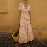 Daiiibabyyy  Fashion Hight Wasit Party Women Dress V-neck Short Sleeve Seaside Vacation Dress Elegant Polka Dot Printed Bohemian Long Dress