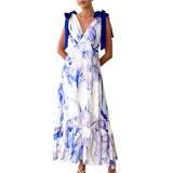 Daiiibabyyy  Elegant Floral Print Sleeveless V Neck Maxi Dress with Open Back and Spaghetti Straps for Women s Summer Fashion