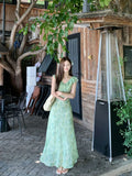 Daiiibabyyy  Green Floral Print Maxi Dress Summer Beach Vacation Essential Beautiful V-Neck Sleeveless High Waist A- Line Dress
