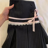 DAIIIBABYYY  -  Vintage Summer Women's Lolita New Spliced Button Zipper Stripe Lace Bow Fashion Slim Folds Elegant Casual Pleated Skirt