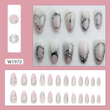Daiiibabyyy  24pcs Long Almond False Nails Starry Golden Ripple French White Edge Press on Nails Detachable Aurora Strawberry Nail Tips