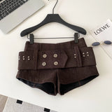 Daiiibabyyy  Sexy Retro American Sle Low Waist Belted Corduroy orts Women's Autumn Winter Casual Pants Wide Leg Button Detail
