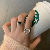 Daiiibabyyy  Vintage Black Enamel Love Heart Couple Ring for Men Women Personality Adjustable Opening Stainless Steel Ring Jewelry Accessory