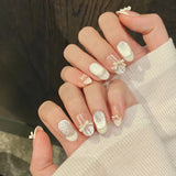 Daiiibabyyy  10pcs Purple Cat's Eye Handmade Fake Nails Tips Glitter Mid-length Oval Press on Nails Art Bow Rhinestone Design False Nail Sets