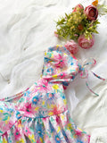 Daiiibabyyy  Women Summer Floral Print Bubble Sleeve Loose Fit A-Line Dress With Ruffles