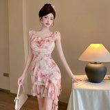 DAIIIBABYYY  -  New Print Mesh Ruffled Sling Short Dress Summer Elegant Casual Beach Style Dress Women Korean Fashion Bodycon Evening Dress
