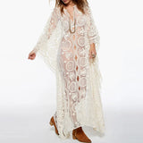 Daiiibabyyy  Elegant Flower Embroidery Hollow Beach Dress Sexy V-neck Batwing Sleeve Solid Long Dress Lady Fashion Loose Sun Protection Dress