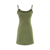 Daiiibabyyy  Vintage French Style ArmyGreen Polka Dot Print Wood ears O neck Sling Dress Women a-lined Short Dresses Femme Vestidos Robe