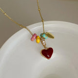 Daiiibabyyy  Cute Romantic Multicolor Enamel Circle Red Heart CZ Zircon Pendant Necklaces for Women Gold Plated Chain Chokers