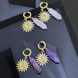 Daiiibabyyy  Retro Bohemian Natural Stone Hexagonal Prism Pendant Sun Ear Buckle Chic Vacation Style Fashion Earrings Jewelry For Women
