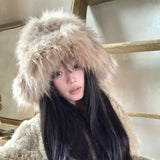 Daiiibabyyy  Winter Oversize Luxury Fluffy Raccoon Fur Bucket Hats for Women Retro Plush Warm Fisherman Hat Wide Brim Thickened Panama Cap