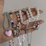 Daiiibabyyy Korean Exquisite Retro Love Heart Beaded Necklace For Women Personality Simple Cool Clavicle Chain Fashion Y2K Jewelry ﻿