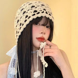 Daiiibabyyy  New Korea Bohemian Hand-woven Hollow Bucket Hats Women's Spring Summer Ins Lace Strap Lolita Hat Fringed Pullover Beanies Panama