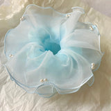 Daiiibabyyy  1PC Elegant Tulle Organza Hair Scrunchie With Faux Pearls For Women Girls Large Ruffle Elastic Hair Tie Fashion Hair Accessories