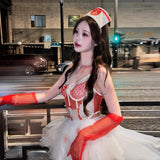 Daiiibabyyy  Sexy Maid Costume Set Halloween Sweetheart Nurse Lace Strap Mesh Pure Desire Puffy Skirt Two-Piece Suit for Women