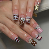 Daiiibabyyy  24pcs INS French False Nails with Black Dot Printed Yellow Stripe Design Press on Nails for Women Wearable Almond Fake Nails