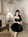 DAIIIBABYYY  -  French Princess Velvet Black Birthday Party Mini Dress Women New Fall Winter Fashion Strapless Diamonds Beads Fluffy Short Dress