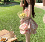 Daiiibabyyy  Vacation Style Floral Oil Painting Mini Slip Dress Female Clothing Hotsweet Summer Fashionable Lace Drawstring Ball Gown Dresses