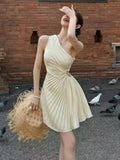 DAIIIBABYYY  -  Y2K Sweet Sexy Backless Solid Mini Dress Inclined-Shoulder Pleated Women's Dresses Beach Vacation Party Spring Summer 2025 New