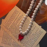 DAIIIBABYYY  -  Trendy Imitation Pearls Choker Necklace for Women Red Heart Pendnt Beaded Necklaces Temperament Clavicle Chain Jewelry