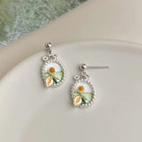 Daiiibabyyy  Fresh Sweet Dripping Oil Flower Earrings for Women Girls Fashionable Charm Fairy Oval Drop Earrings Party Jewelry Accessories