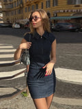 Daiiibabyyy  Lapel Short Sleeve Denim Bodycon Mini Dress Women Street Waist Cinching Hip Package Zipper Cocktail Evening Dresses New Clubwear