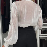 DAIIIBABYYY  -  Summer Women Casual Long Sleeve Mesh Commute Shirts Office Sexy Pearl See-through Tops 2025 Spring Elegant Lace-up Solid Blouses