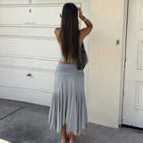 Daiiibabyyy  Casual Solid Color Off Shoulder Sleeveless Crop Top High Waist Ruffle Mini Dress with Ruched Waistband Asymmetrical Hem in