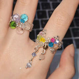 Daiiibabyyy  Y2K Aesthetics Colorful Crystal Beaded Tassel Ring for Women Sweet Cute Girls Charm Elastic Rings Korean Fashion Jewelry Gifts