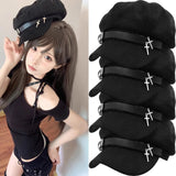 Daiiibabyyy  Subculture Cross Pendant Berets Cap Y2K Black Cotton Painter Hat Gothic Lolita Beret Hat Caps Harajuku Deco Accessories Japanese