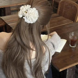 Daiiibabyyy  1PCShimmering Floral Hair Claw Clips For Women Elegant Pink White Fabric Flower Hair Clip Sweet Fashion Hair Accessory For Daily