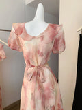 Daiiibabyyy  Women's Elegant Puff Sleeve Ruffles V Neck Floral Long Dress Lady Summer Short Sleeve Slim A Line Long Dress
