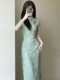 DAIIIBABYYY  -  Women Green Cheongsam Elegant Daily Improved Qipao Summer Young Girls Modern Chinese Dress Long Dresses